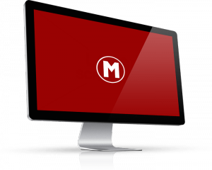 Graphic image of a monitor w/ red bg and white M logo