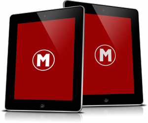 Graphic image of two ipads w/ red bg and white M logo